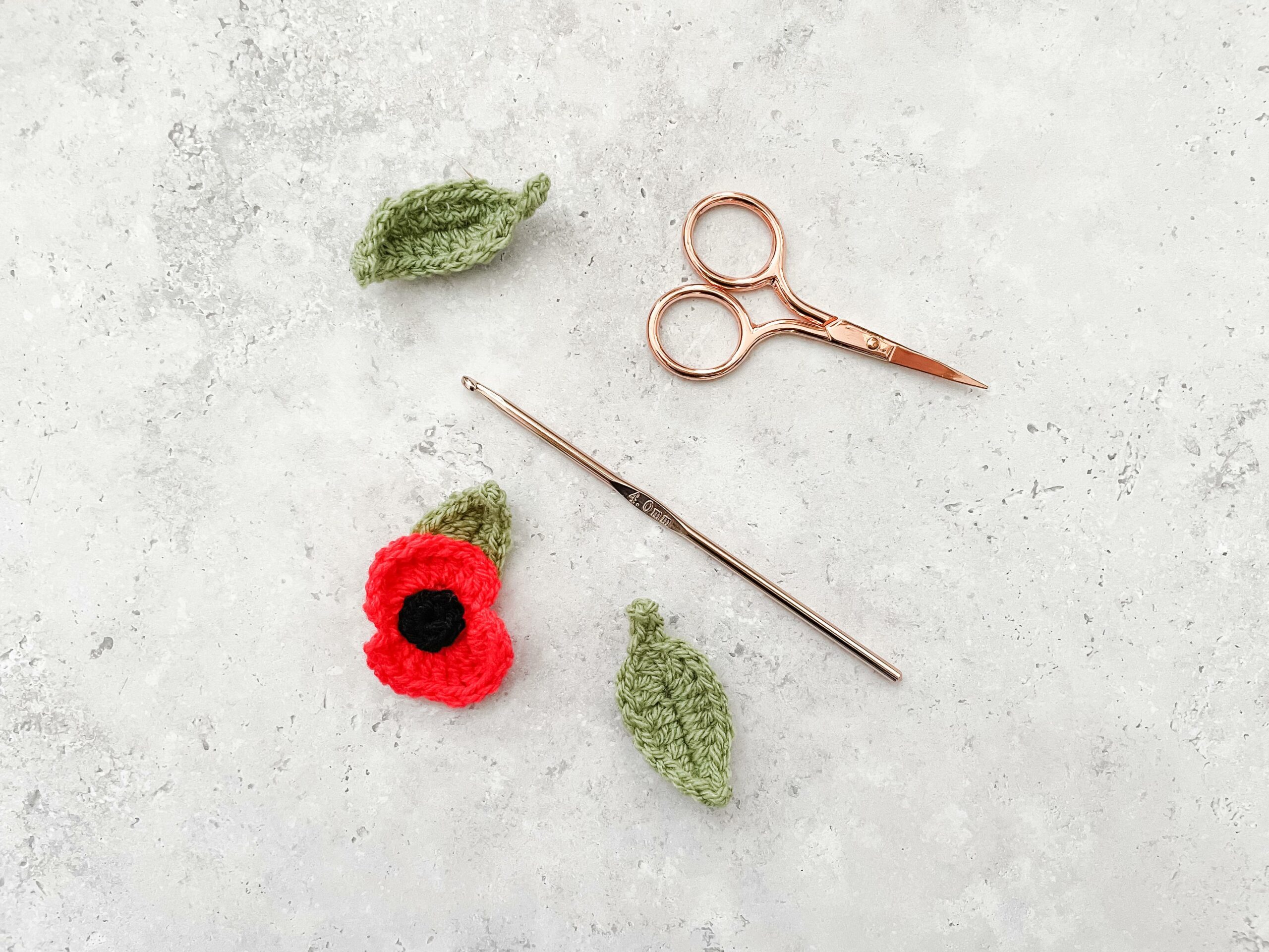 Crochet Poppy and Leaf Sample